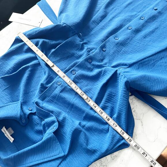 Calvin Klein Blue Button Front Structured Shoulder Tie Waist Dress Size 8 NEW - Picture 8 of 10